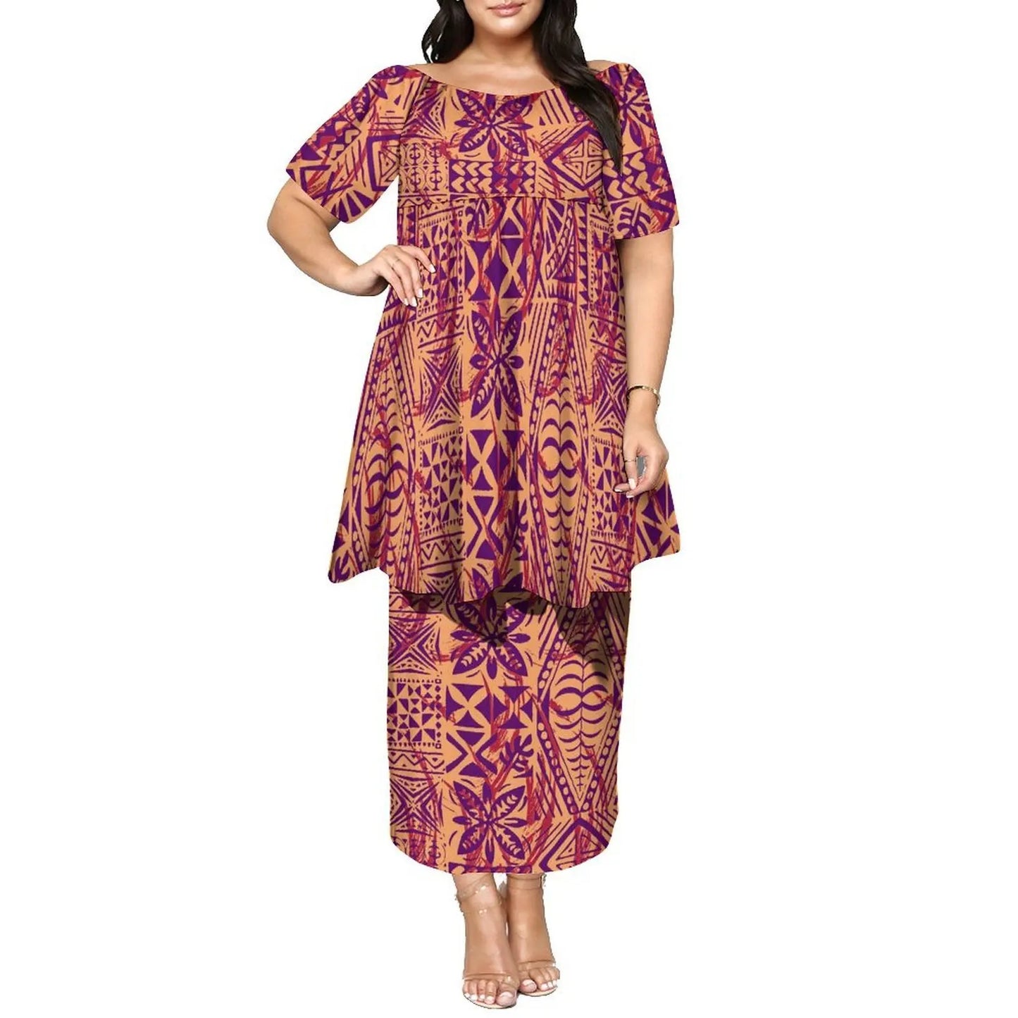 Newly Designed Women'S Round-Neck Top And Fitted Long Dress Polynesian Island-Style Pattern Pacific Puletasi Suit
