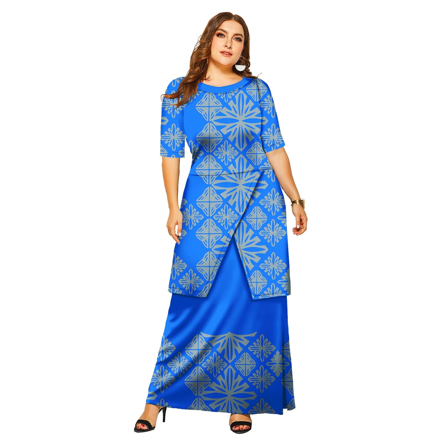 Luxury Polynesian Design Puletasi Samoa Fashion Short Sleeve Dress Women Island Dresses Maxi Ladies Two Piece Skirt Set