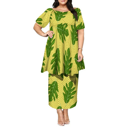 Newly Designed Women'S Round-Neck Top And Fitted Long Dress Polynesian Island-Style Pattern Pacific Puletasi Suit