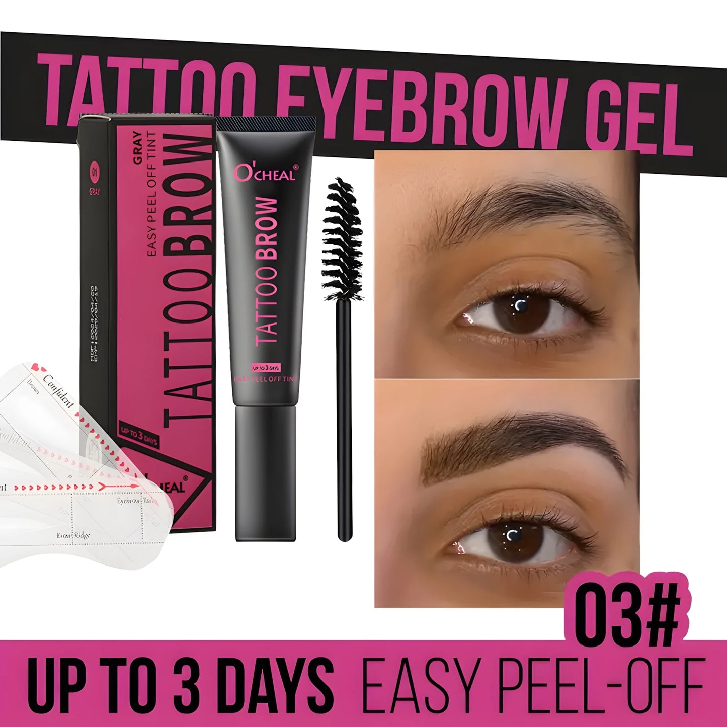 Waterproof Tattoo Brow Peel Off Tint with Stencils - Semi-Permanent Eyebrow Tint Lasts Up to 3 Days - Easy to Apply and Long-Las