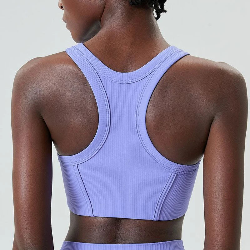 High Impact Fitness Yoga Bra Super Stretch Round Neck Gym Crop Top Ribbed Fabric Sleeveless Running Vest Female Sportswear