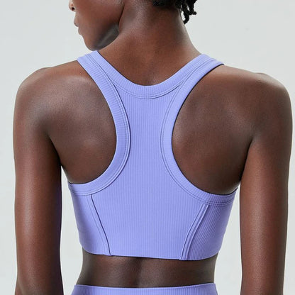 High Impact Fitness Yoga Bra Super Stretch Round Neck Gym Crop Top Ribbed Fabric Sleeveless Running Vest Female Sportswear