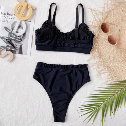 Bikini 2025 Sexy Swimwear Swimsuit Women Solid Ruffled High Waist Bikinis Set Bathing Suit Bikini Taille Haute Biquinis Feminino