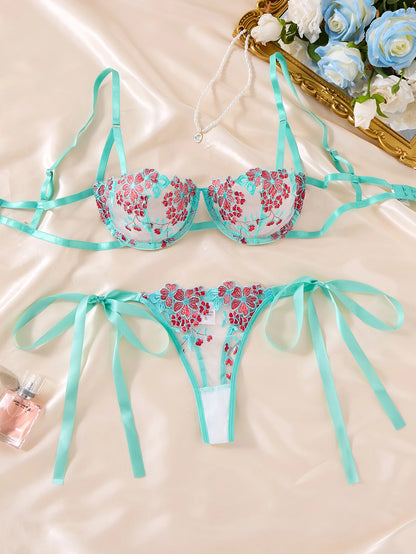 Conjunto de lencería con bordado Floral para mujer, sujetador transparente y ropa interior breve, ropa interior íntima Sexy de s
