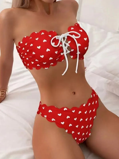 2025 Summer Bikini Set Off-Shoulder Crop Top & High Waist Bottom Polka Dot Swimwear Sexy Vintage Two-Piece Swimsuit for Women