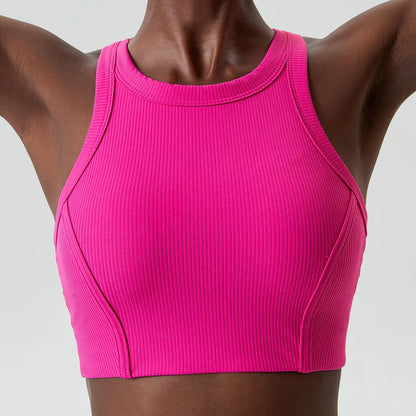 High Impact Fitness Yoga Bra Super Stretch Round Neck Gym Crop Top Ribbed Fabric Sleeveless Running Vest Female Sportswear