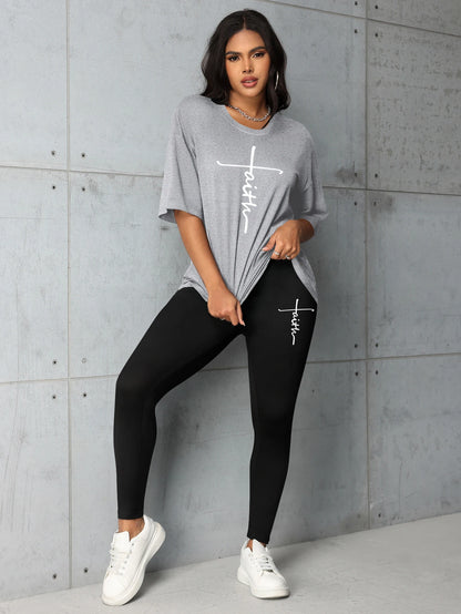 Women's summer fashion all-match Faith letter print loose large size T-shirt leggings two-piece set Short sleeves and long pants