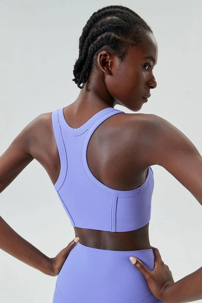 High Impact Fitness Yoga Bra Super Stretch Round Neck Gym Crop Top Ribbed Fabric Sleeveless Running Vest Female Sportswear