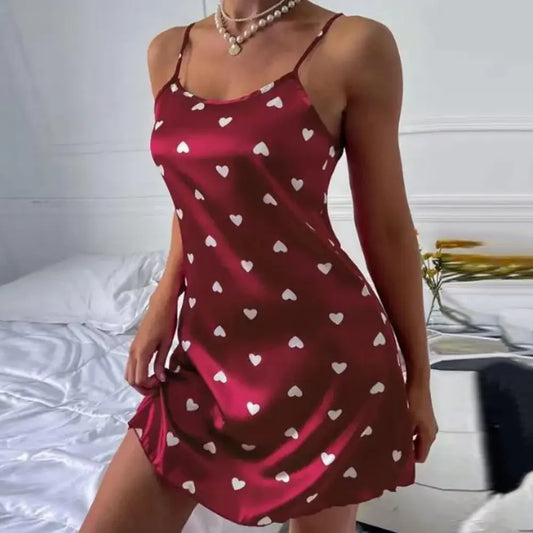 Sexy Women Nightdress Heart Print Pullover Comfortable Satin Smooth Surface Women Nightwear Sleeping Sleepwear