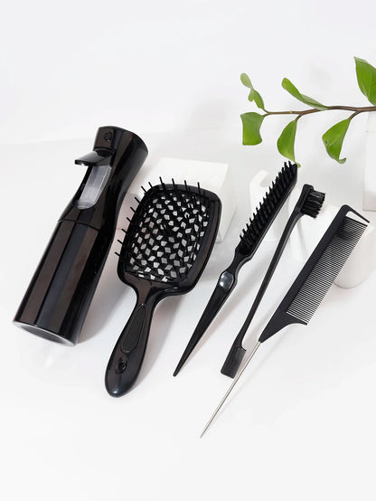 5pcs Hair Tool Set Air Cushion Hollow Comb Scalp Massage Rat Tail Comb Teasing Comb Edge Control Brush Hair Spray Bottle Salon