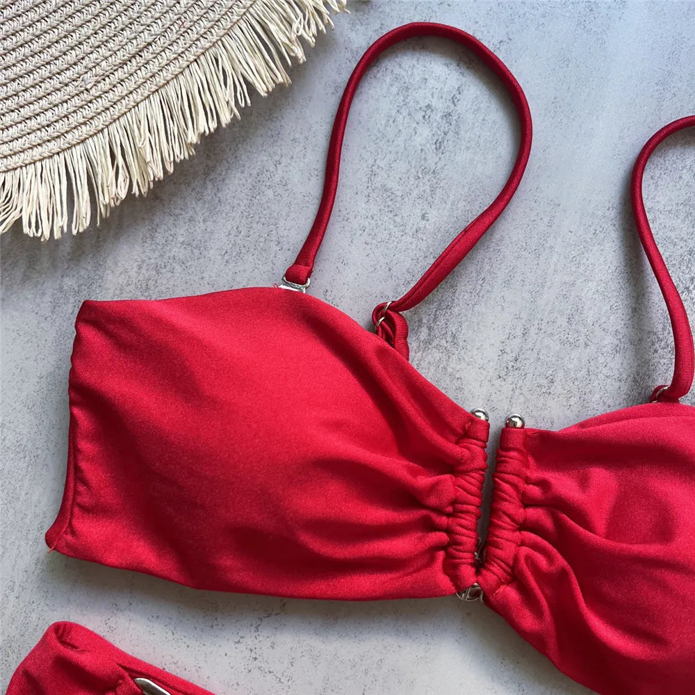 Brown Shiny U Shaped Bikini High Waist Sexy Swimsuit Women 2025 Wrinkled Solid Swimwears Bathing Suit Bandeau Bikinis Sets Mujer