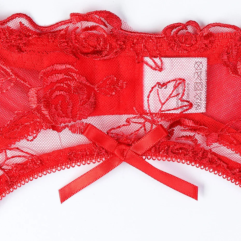 JSY Sexy Lingerie Women Underwear Set Red Embroidery Lace Bra And Pant Garter Set Skirt Babydoll Erotic Brief Set Porno Costume