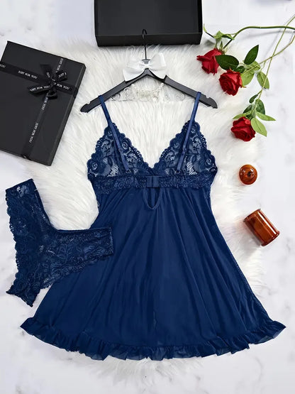 A Set Of Tulle Ultra Sexy Nightgown V-neck Bra Open Sleep Skirt Night Erotic Dress Woman Sheer Pajamas Lingerie Pants Luxury kit