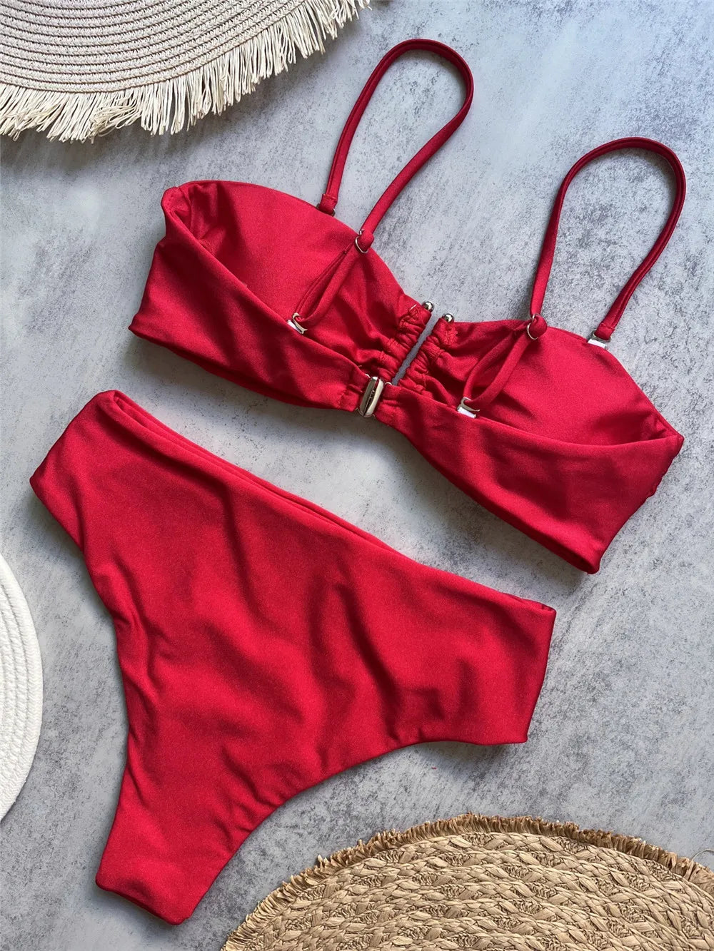 Brown Shiny U Shaped Bikini High Waist Sexy Swimsuit Women 2025 Wrinkled Solid Swimwears Bathing Suit Bandeau Bikinis Sets Mujer