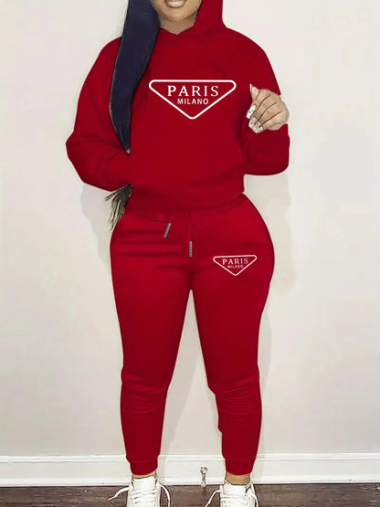 Women's autumn and winter fashion casual hip-hop street Paris MILANO pattern printed warm hooded sweatshirt+sports pants set