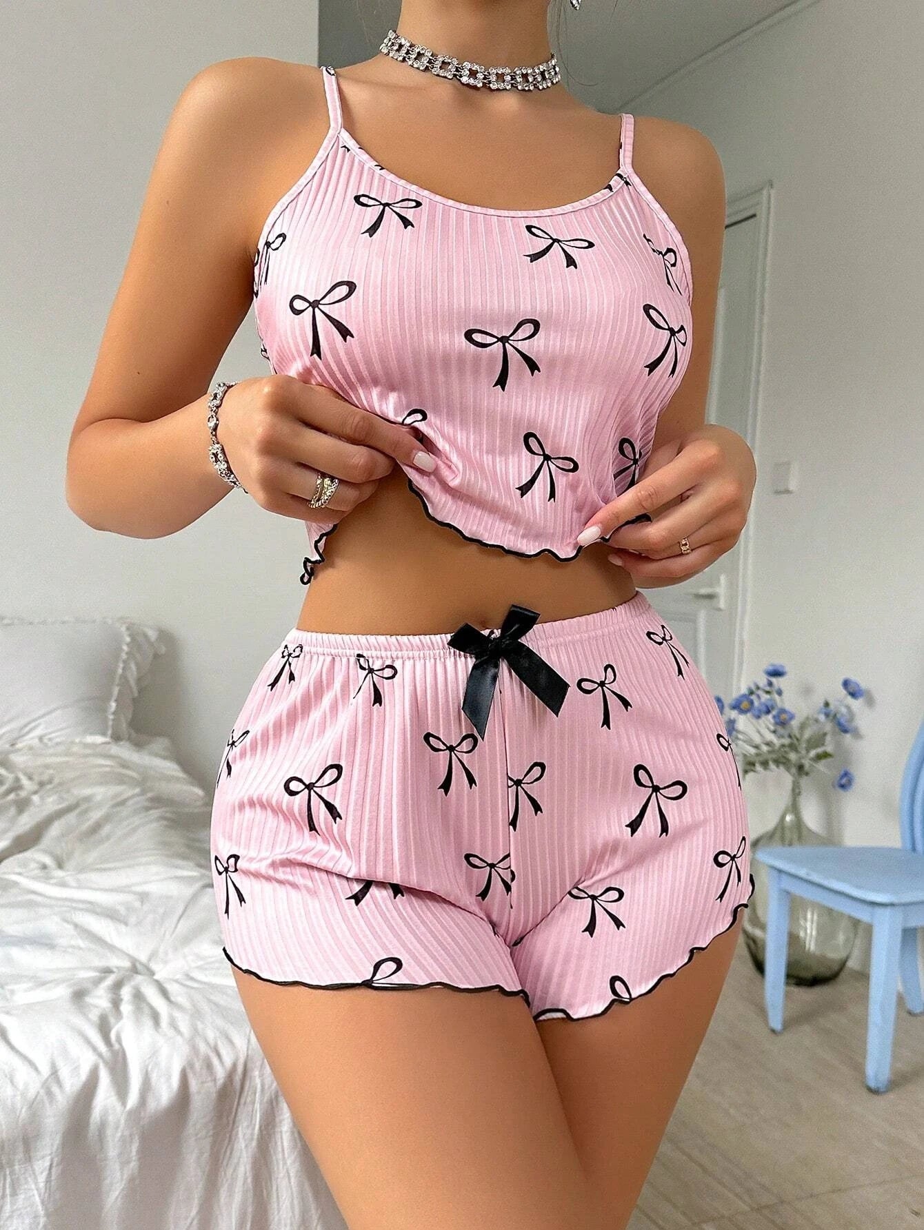 Pink Sleepwear Women's Summer Pajama Set Cute Bowknot Print Sexy Ribbed Bow Decor Round Neck Backless Crop Cami Top & Shorts