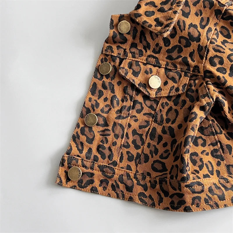 Coat Childrens Clothing Children Leopard Print Loose Tide Cowboy Tops Turn Down Collar Fashion 2024 Japanese Cool
