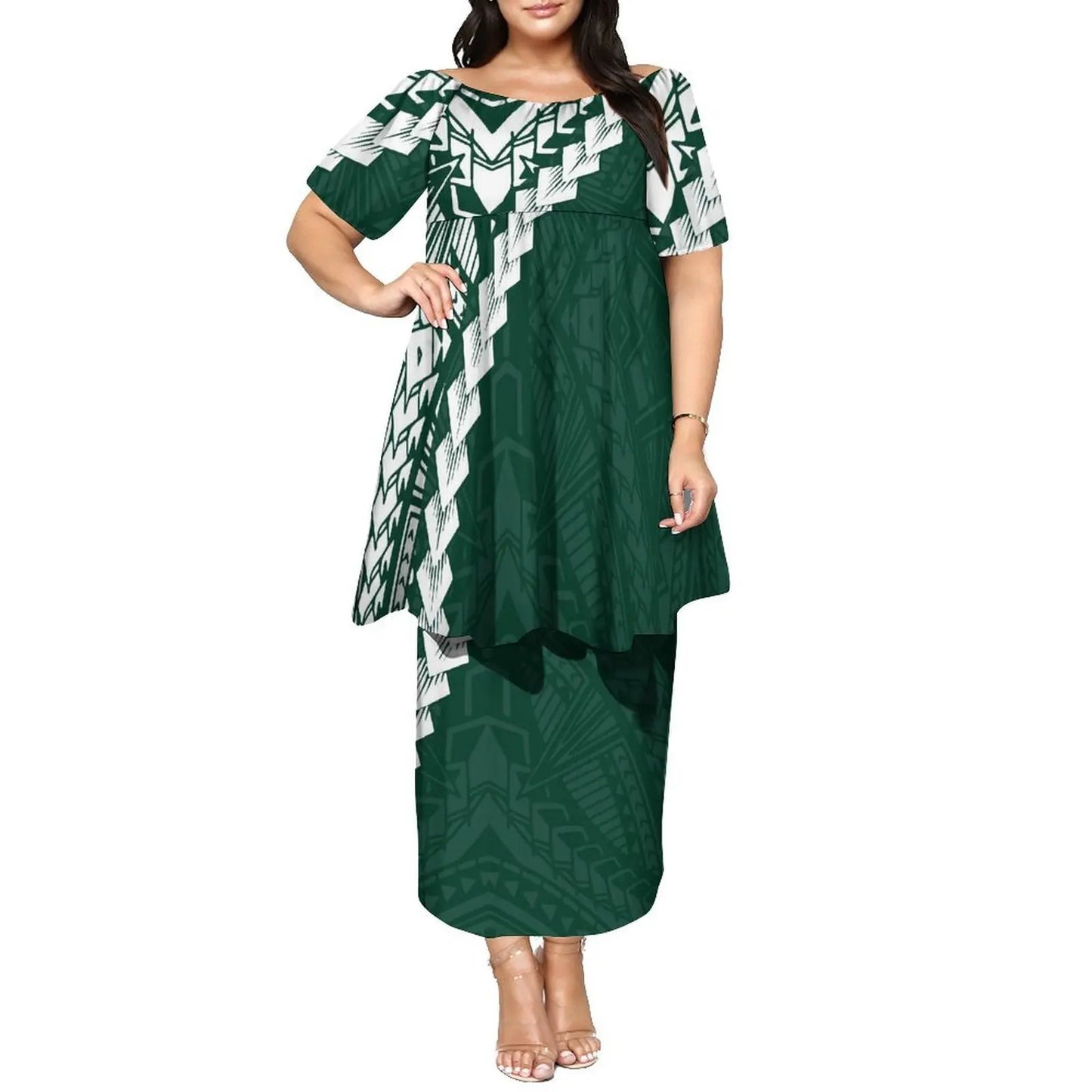 Newly Designed Women'S Round-Neck Top And Fitted Long Dress Polynesian Island-Style Pattern Pacific Puletasi Suit
