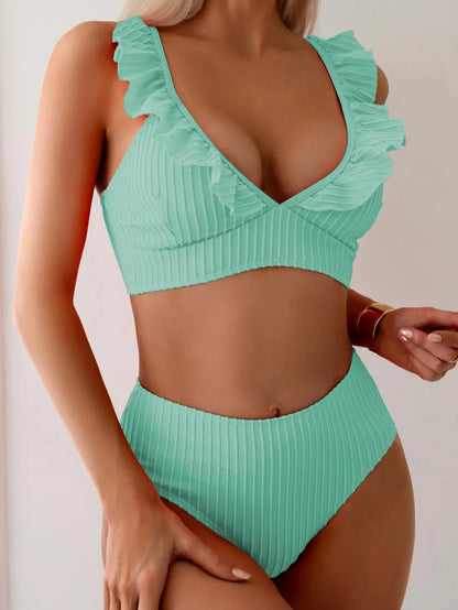 Vintage Ruffles Bikini Set Women Sexy Black V Neck Push Up Ribbed High Waist Swimwear 2025 Beach Bathing Suit Two Piece Swimsuit