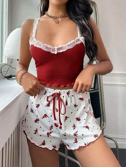 Pajamas Suit Women 2 Piece Sets Camisole Shorts Loungewear Lace Flower Print Sling Top Short Pants Outfits Summer Sleepwear