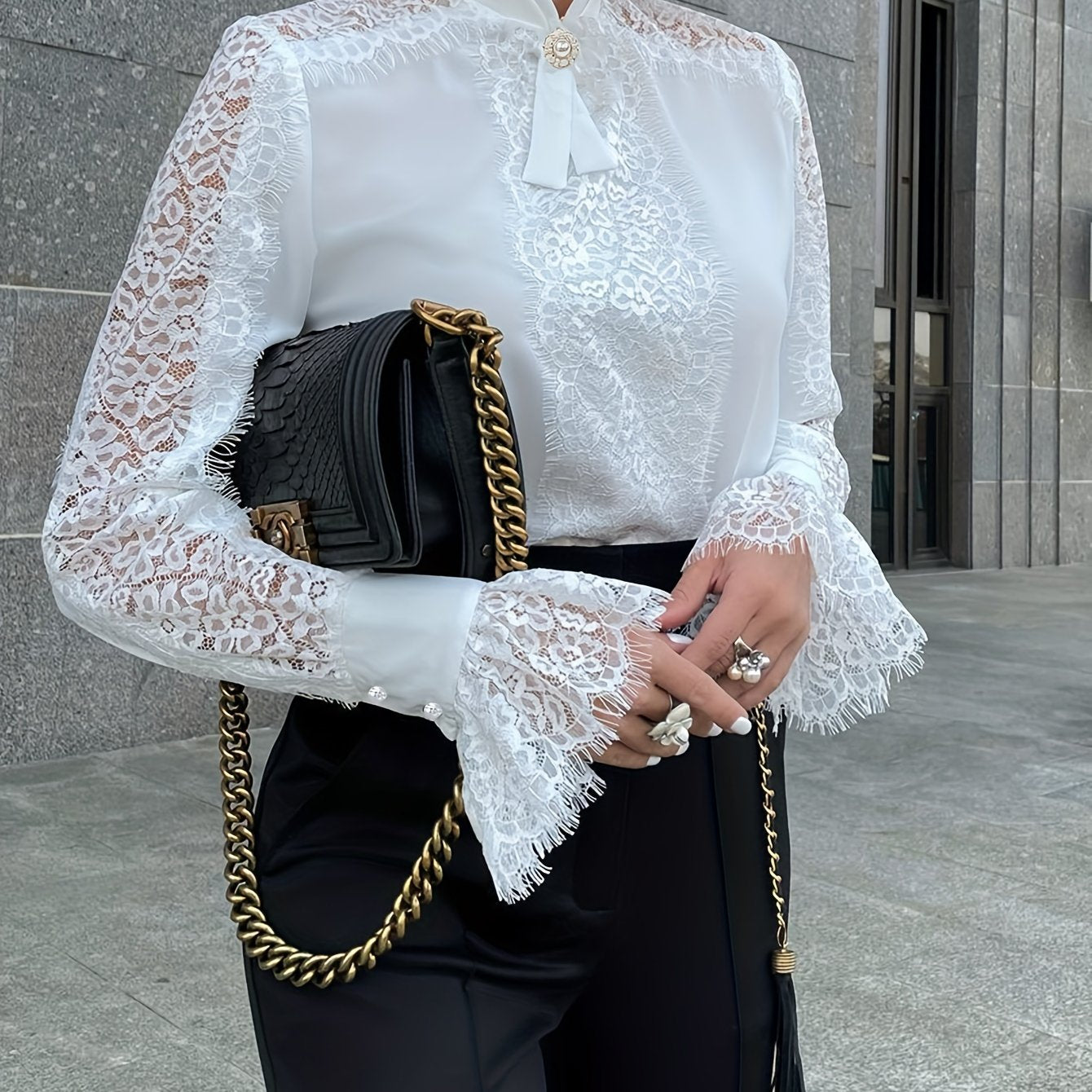 Stunning Lace Trim Blouse - Women's Elegant Long Bell Sleeve Tops for Spring & Fall - Chic Stand Collar Clothing with Delicate Details