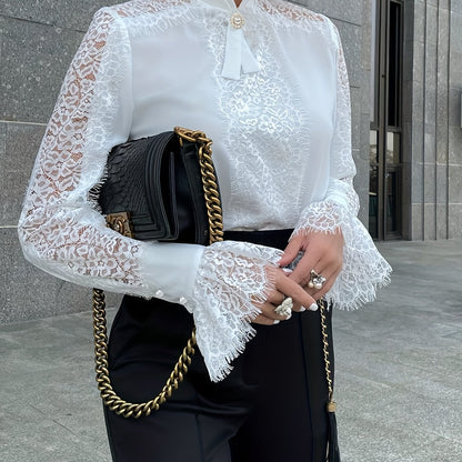 Stunning Lace Trim Blouse - Women's Elegant Long Bell Sleeve Tops for Spring & Fall - Chic Stand Collar Clothing with Delicate Details