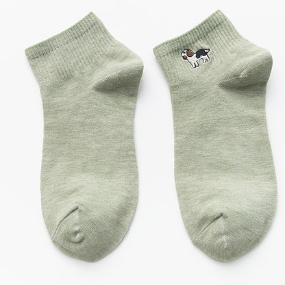 10 Pairs Cute Animal Pattern Socks, Cartoon Pattern Embroidery Cotton Ankle Socks, Women's Stockings & Hosiery
