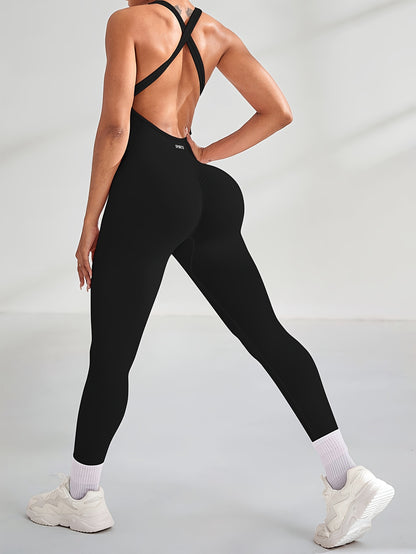Women's High-Waisted Stretchy Yoga Jumpsuit - Smooth Knit Fabric, Solid Color, Long Sleeve, Round Neck, Machine Washable, Perfect for Sports & Fitness