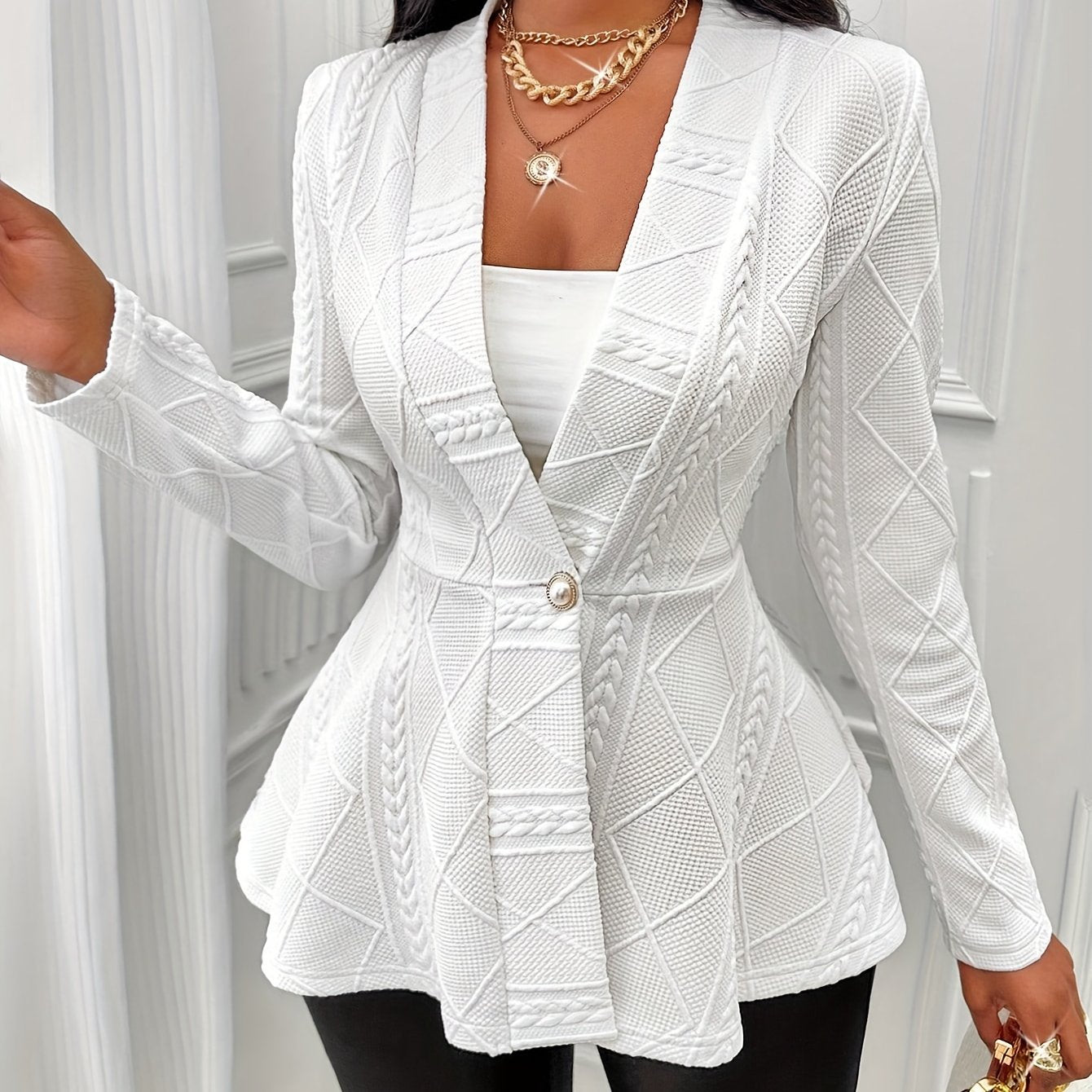 Textured Beaded Button V-neck Jacket, Elegant Long Sleeve Ruffle Hem Outwear For Spring & Fall, Women's Clothing