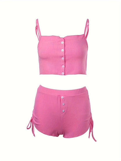 Simple Solid Print Lounge Set, Buttons Cami Top & Drawstring Shorts, Women's Loungewear & Sleepwear Koningsdag/King's Day