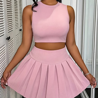 Women'S Stylish Pink Two-Piece Set - Sleeveless Crop Top and Pleated Mini Skirt, Elastic Polyester Blend, Easy Care, Casual Style, Casual Attire|Crew Neck Top|Elastic Waistband Skirt, Cute Outfit