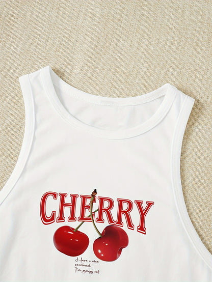 Vibrant Cherry Print Crew Neck Tank Top - Elegant Geometric Pattern, Mid Elasticity, Semi-Sheer, Polyester Knit Fabric, Perfect for Spring & Summer, Womens Casual Sleeveless Crop Top for Everyday Wear