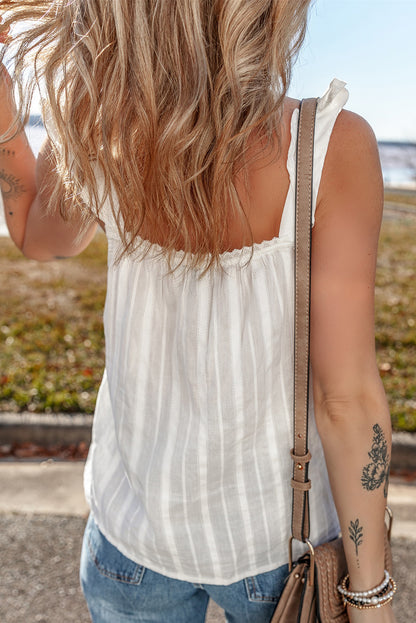 White Lace Crochet Ruffled Buttoned Loose Fit Tank Top