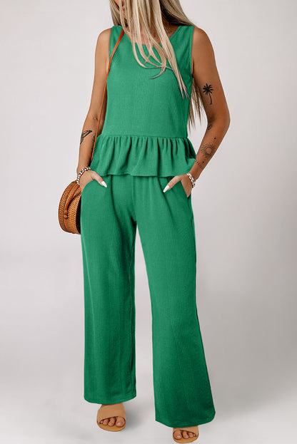 Green Solid Color Ribbed Ruffle Tank Top and Pants Set