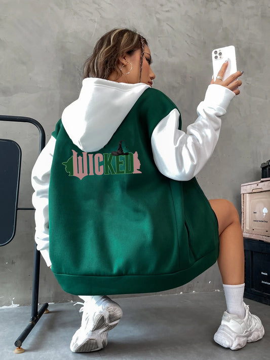 1pc Women'S Casual Polyester Hoodie with "WICKED" Print, Fall/Winter Letter Pattern, Drawstring Hood, Knit Fabric, Zip-Up Sweatshirt with Pockets, Hooded Jacket Top