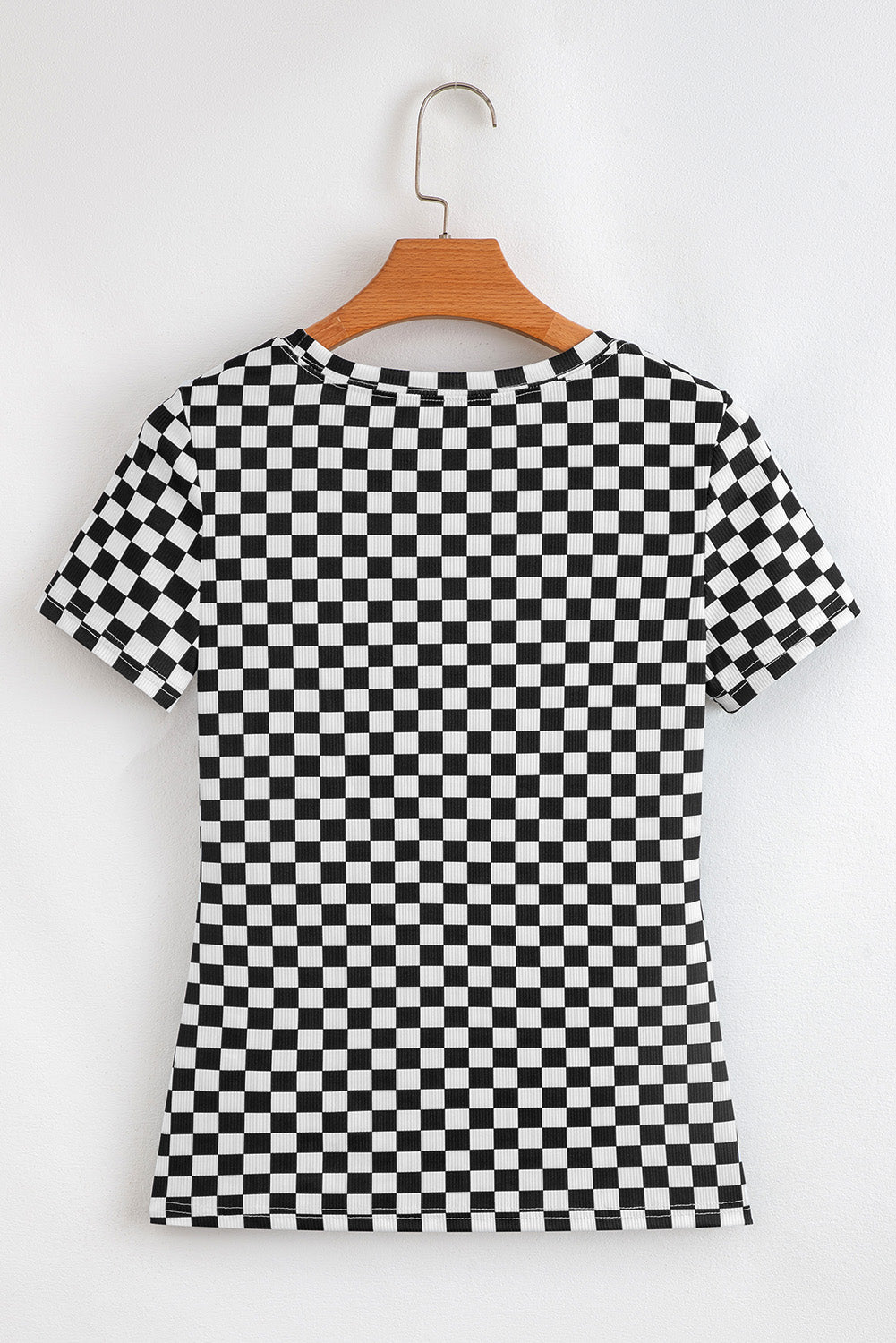 Black Checkered Ribbed Slim Fit Crew Neck T Shirt