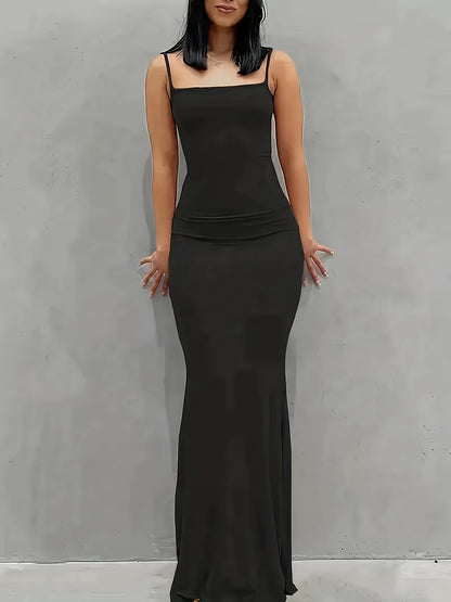 Elegant Solid Slip Lounge Dresses, Scoop Neck Bodycon Maxi Mermaid Dress, Women's Loungewear & Dresses