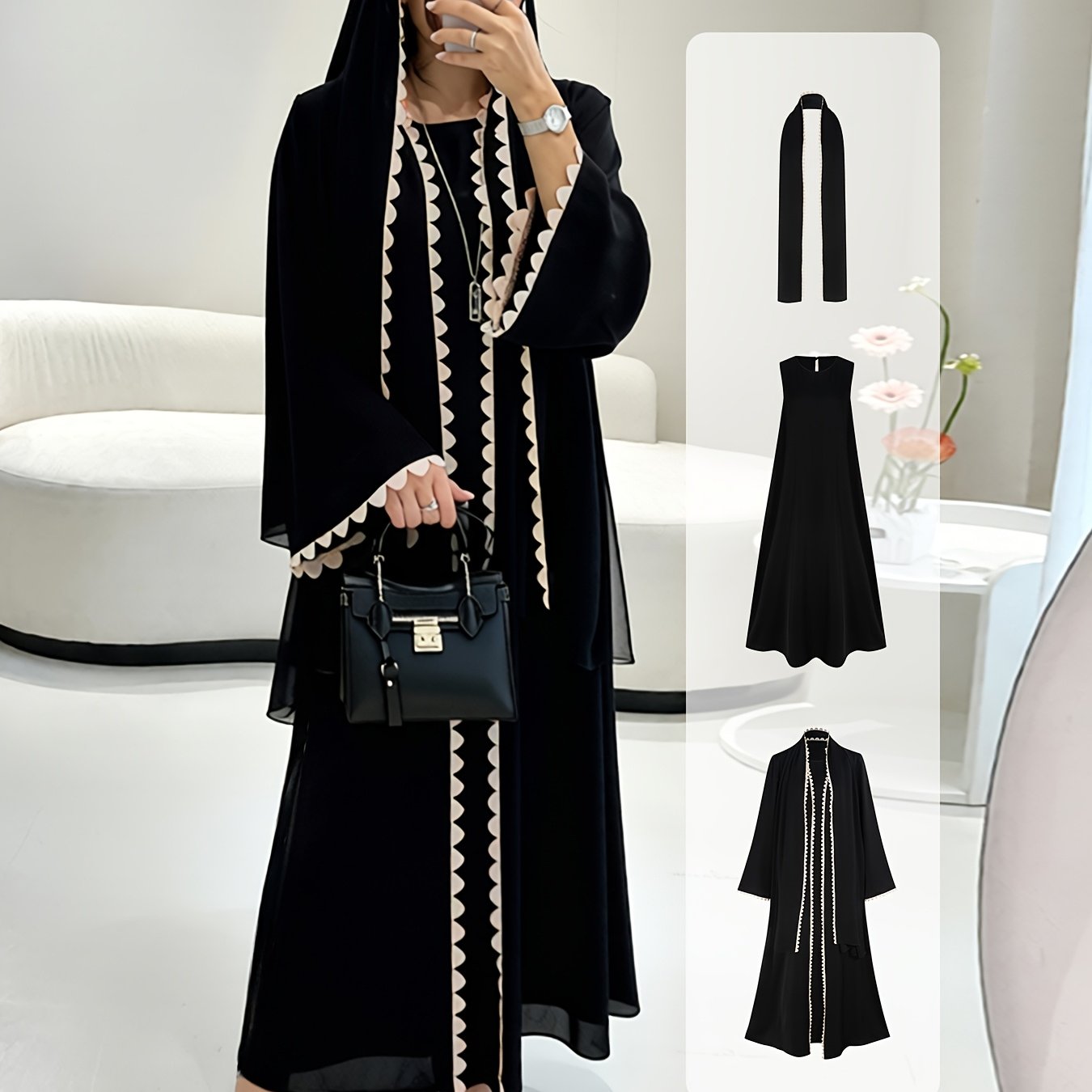 Women'S Autumn New Middle Eastern 3pcs Set: Solid Color Abaya Jacket/Sleeveless Dress/Headscarf, Middle Eastern Arab, Islamic Style Shawl, Ramadan Prayer Dress, Long Skirt LL168, Perfect for Thanksgiving, Women Elegant Winter
