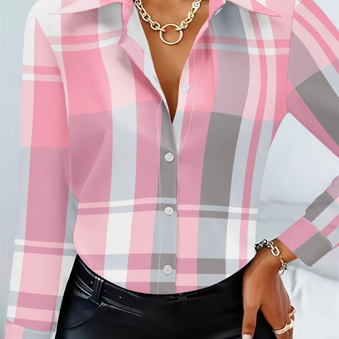 Women's Stylish Purple & White Plaid Long Sleeve Button-Up Shirt - Casual Polyester Blouse with Pointed Collar, Machine Washable, Perfect for Casual Attire