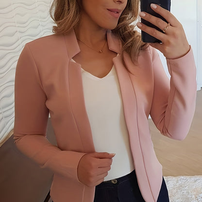 Solid Open Front Blazer, Casual Long Sleeve Blazer For Office & Work, Women's Clothing