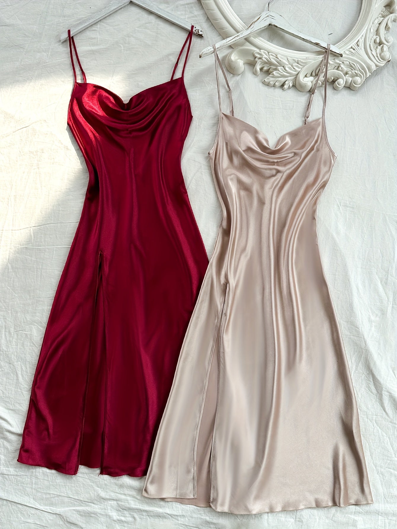 2 Pcs Women's Elegant Solid Satin Sleepwear Dress, Turtleneck Side Split Backless Midi Slip Dress, Comfortable Nightgown