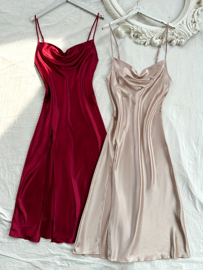 2 Pcs Women's Elegant Solid Satin Sleepwear Dress, Turtleneck Side Split Backless Midi Slip Dress, Comfortable Nightgown
