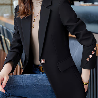 Elegant Black Blazer with Golden Buttons - Stylish Long Sleeve Women'S Blazer for Work & Casual, Autumn & Winter, Casual Workwear | Elegant Blazer | Stylish Button Detail, Blazers for Women