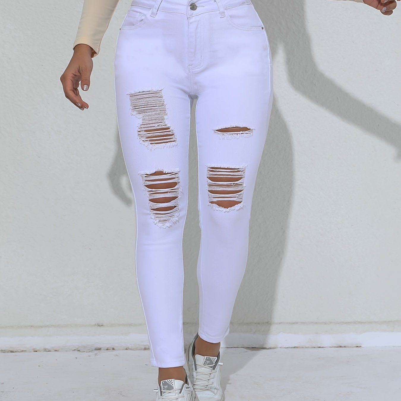Ripped Skinny Fit Plain White Color Versatile Jeans Denim Pants, Women's Denim Jeans & Clothing