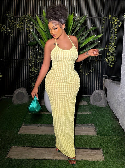 Solid Spaghetti Popcorn Dress, Sexy Backless Dress For Spring & Summer, Women's Clothing