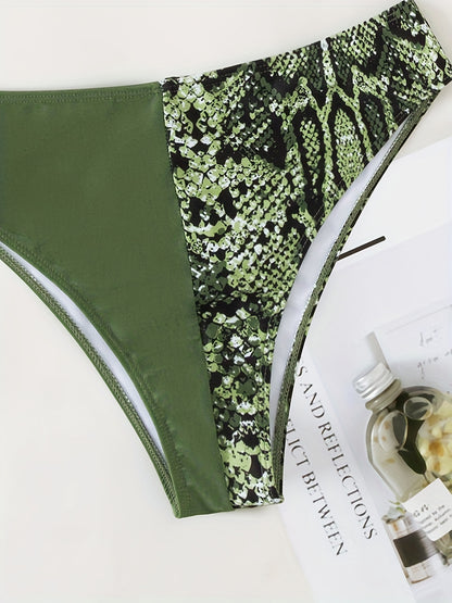 Snakeskin Print Green Bandeau 2 Piece Set Bikini, Knot Back Stretchy Patchwork Swimsuits, Women's Swimwear & Clothing