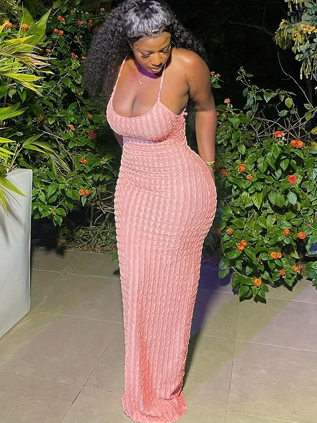 Solid Spaghetti Popcorn Dress, Sexy Backless Dress For Spring & Summer, Women's Clothing