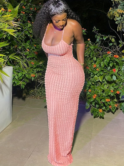 Solid Spaghetti Popcorn Dress, Sexy Backless Dress For Spring & Summer, Women's Clothing