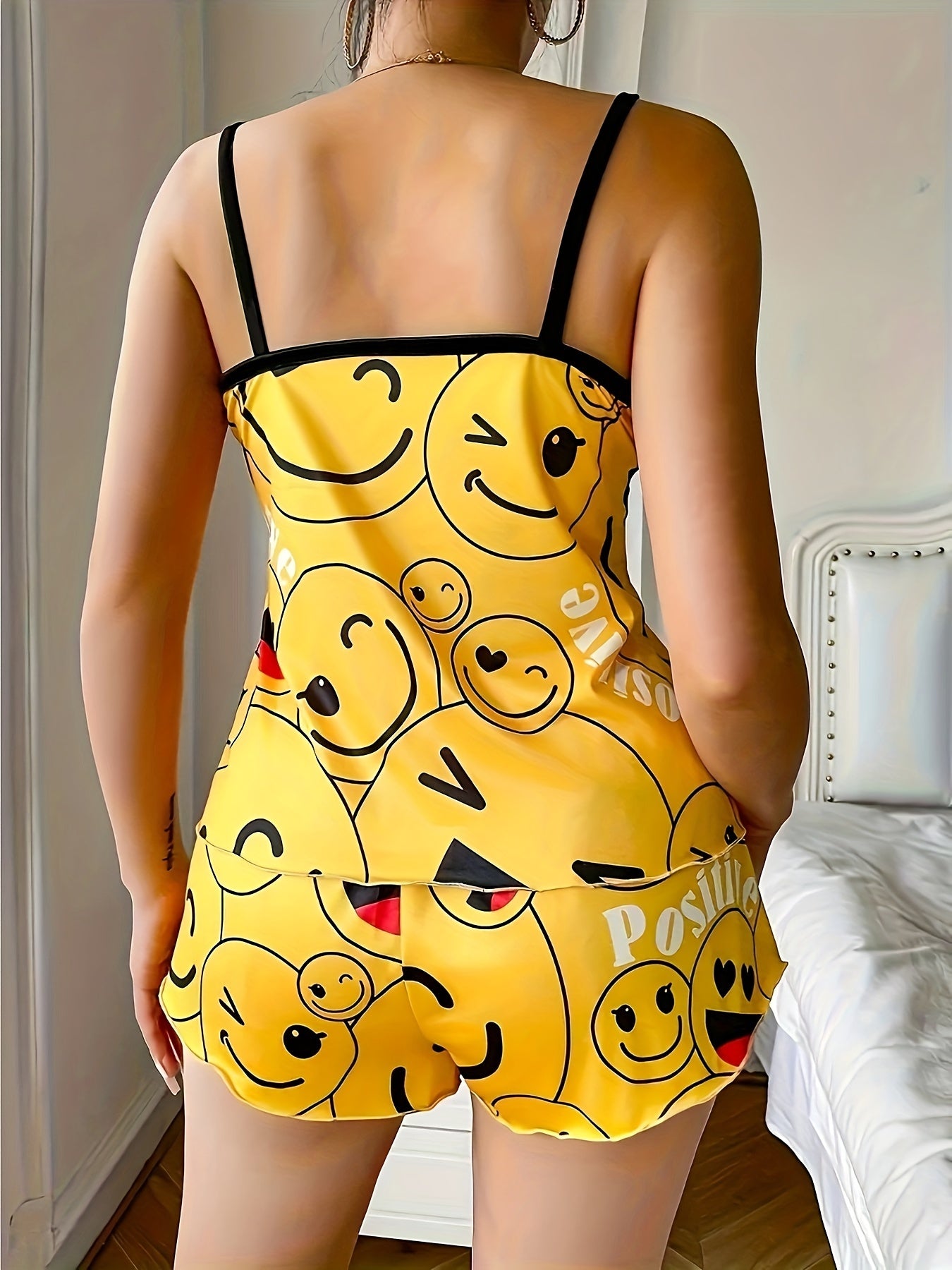 Cozy Women's Smiling Face Print Pajama Set - Soft Round Neck Backless Cami Top & Shorts, Comfortable Relaxed Fit for a Peaceful Sleep, Breathable Fabric, and Vibrant Colors