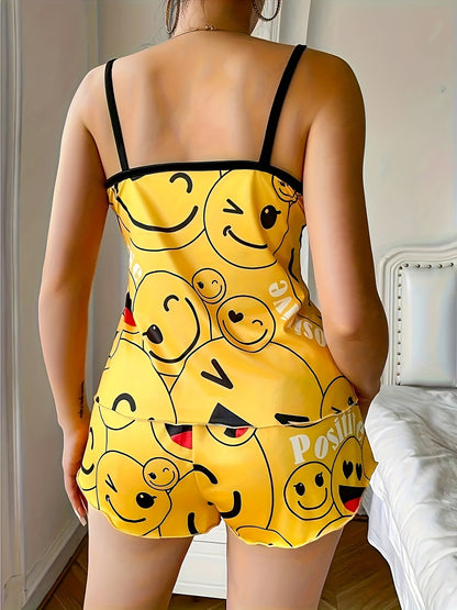 Cozy Women's Smiling Face Print Pajama Set - Soft Round Neck Backless Cami Top & Shorts, Comfortable Relaxed Fit for a Peaceful Sleep, Breathable Fabric, and Vibrant Colors